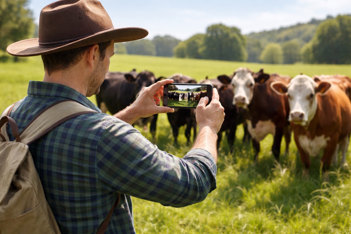 A farmer in a paddock photographing cattle on a phone