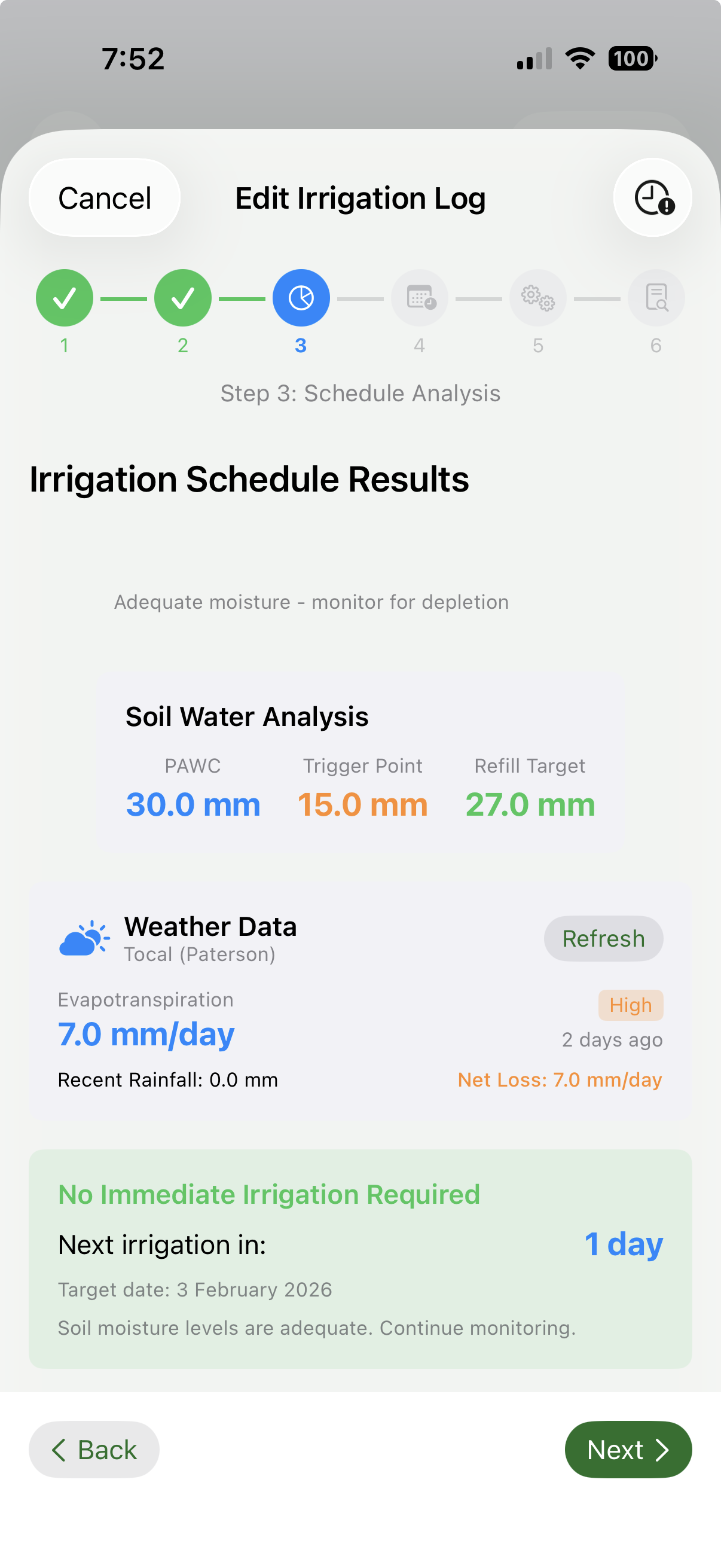 Irrigation Schedule Analysis showing soil water analysis, weather data, and next irrigation recommendation